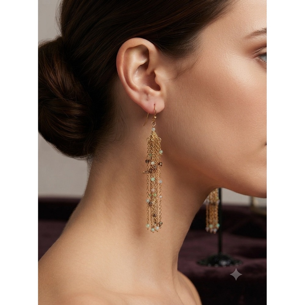 Gold Tone Beaded Tassel Drop Earrings Pastel Chain Dangle Bohemian French Hook